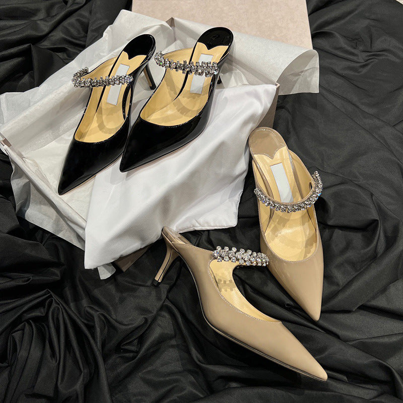 flowersverse JC Rhinestone High Heel Shoes New Style One Strap Fashionable All-Match Casual Pointed Luxury Genuine Leather Wedding Shoes for Women