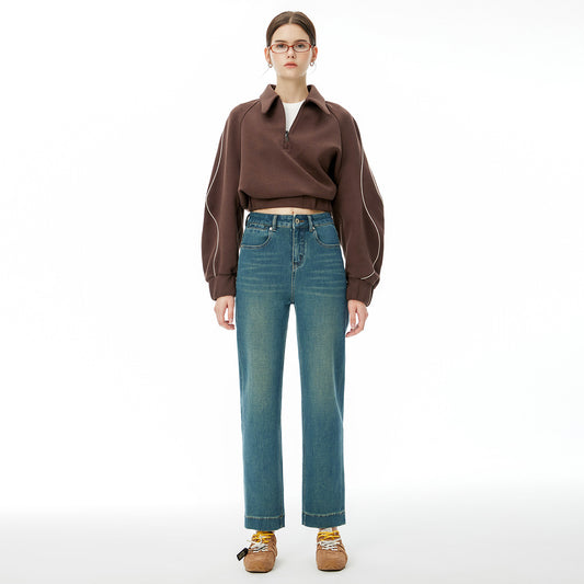 2025 popular autumn and winter new models, four-sided elastic high-waisted nine-point pants, women's clothing slim-fit baguette versatile Lycra high-end jeans