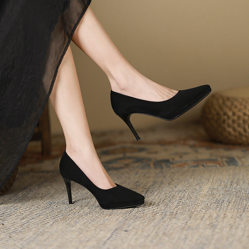 2025 8088-5 High heels for women's autumn suede, light mouth, thin heel, pointed single shoes, waterproof table, sexy solid color high heels for women
