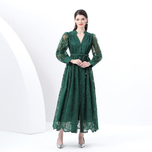 retro court dress heavy industry embroidery waist thin long lace dress women's New Popular trade dress