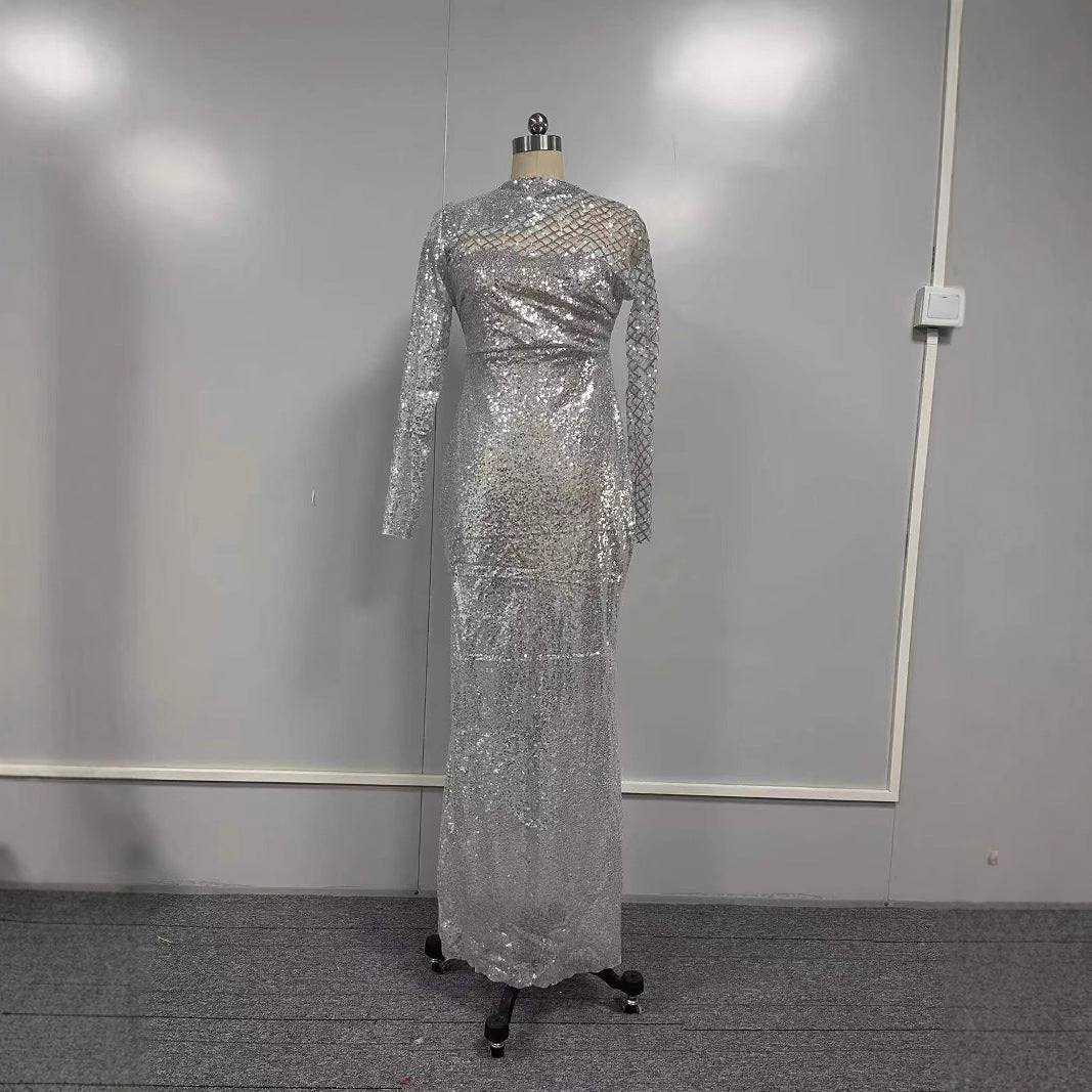 FLOWERSVERSE 2025 New new 2025 hollow off-the-shoulder dress round neck slim temperament S-shaped sequin dress