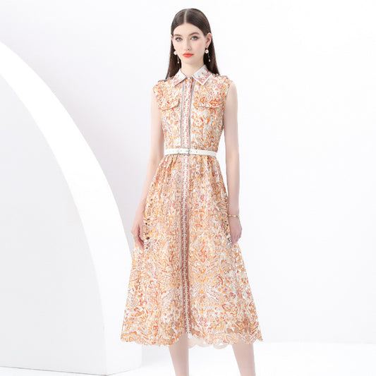 court style deep V-neck small flying sleeves waist thin single-breasted printing split-ended ruffle edge holiday dress