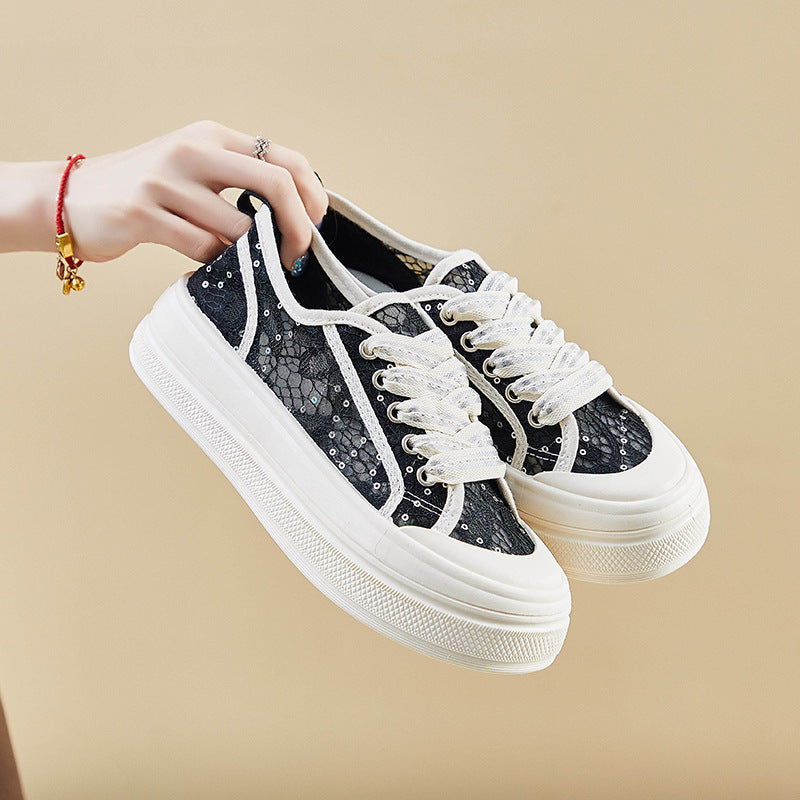 flowersverseLace Breathable Mesh Canvas Shoes for Women Summer New Sequins with Skirt Pumps Thick-Soled Casual Sneakers Women