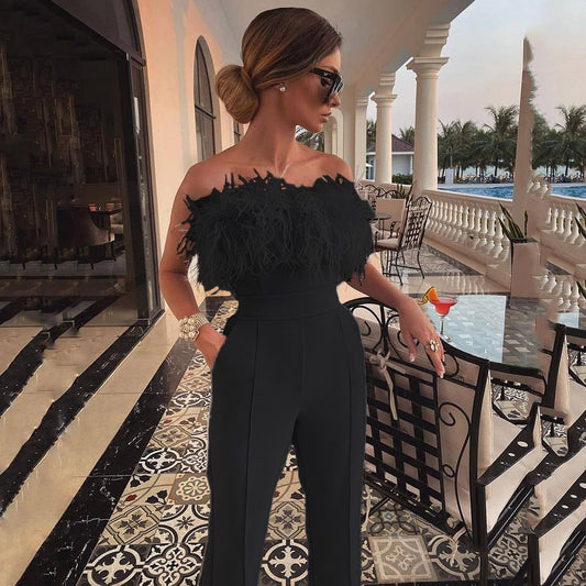 flowersverse Cross-Border Spring and Summer New HOTan and NEWn Women's Clothing Feather Tube Top Solid Color Pants off-Shoulder Backless Sexy Jumpsuit