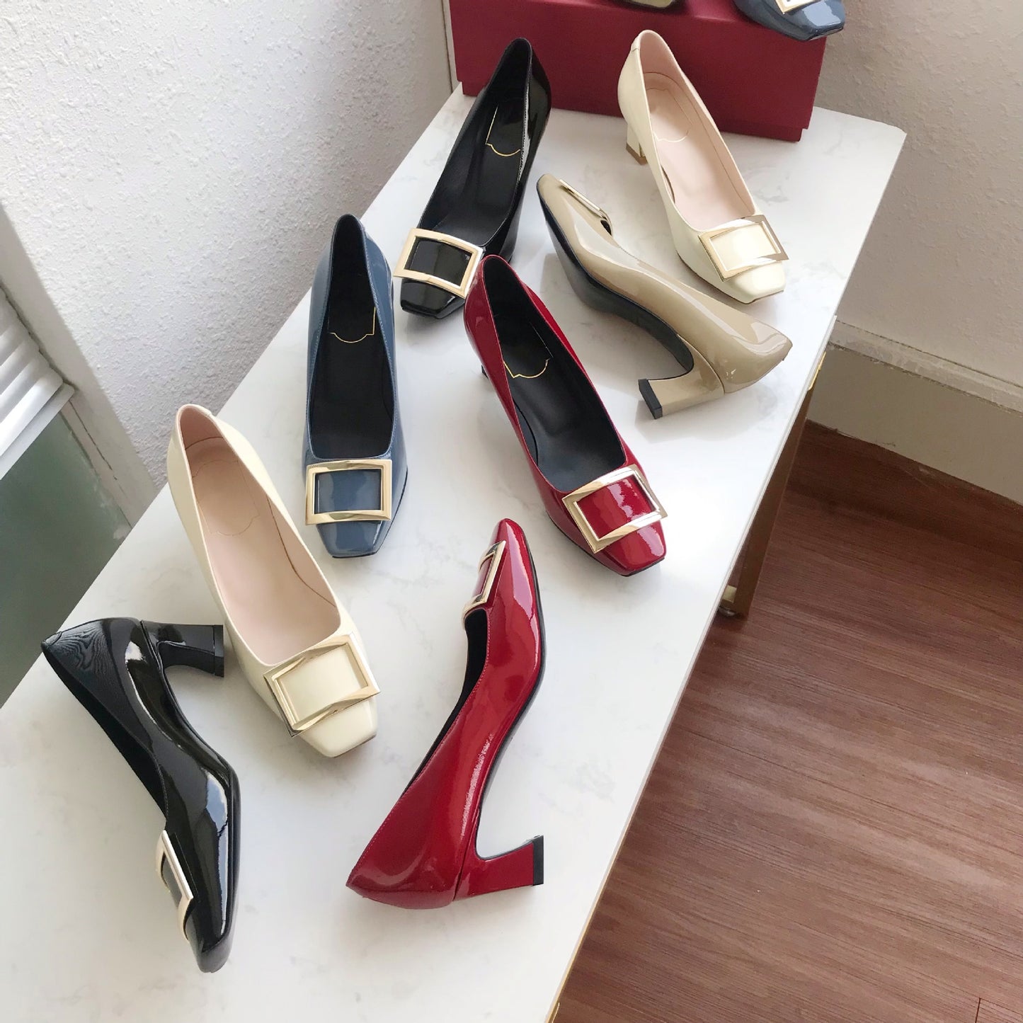 flowersverse Factory! RV Women's Shoes Square Buckle Thick Pumps Patent Leather High Heels Commuter Small Leather Shoes Red Wedding Shoes One Piece Dropshipping