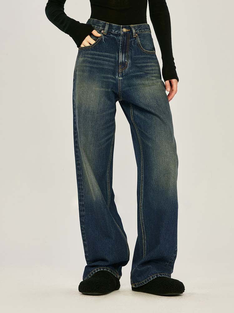 Siyuan, open J, the same V-shaped n high street jeans, casual high-waisted loose denim wide-leg pants, women's 8940