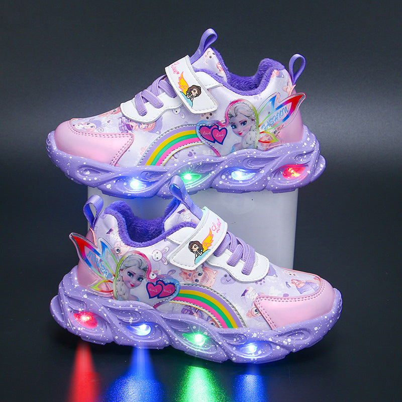 flowersverse With Light Girls' Shoes Autumn New Mesh Surface Breathable Shoes Leather Girls Sneaker Little Girl Princess Shoes