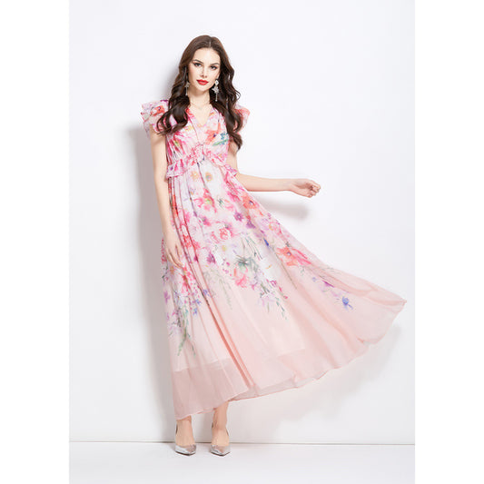 Holiday style dress women's summer dress celebrities elegant V-neck small flying sleeves waist temperament printed long dress