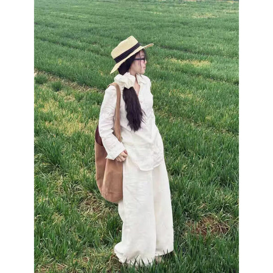 Minimalist lazy retro v-neck shirt lazy suit spring and summer new solid color casual pants + shirt