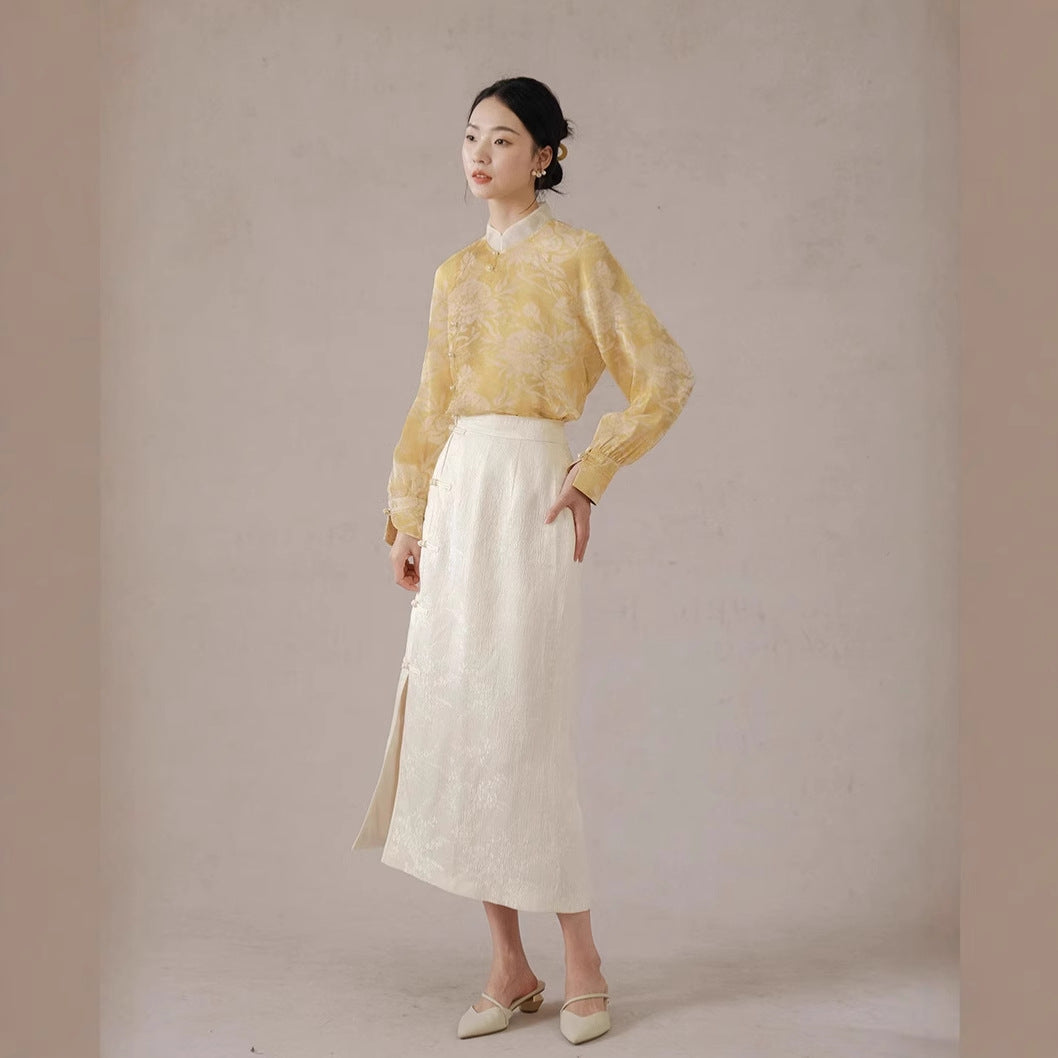 Women's long skirt spring and summer, national style women's clothing high-end sense, improved jacquard elastic waist medium and long skirt B0309