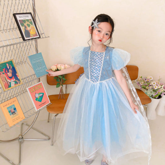 flowersverse Spring New Girls' Frozen Elsa's Princess Dress Dress Snowflake Shawl Birthday Dress Elsa