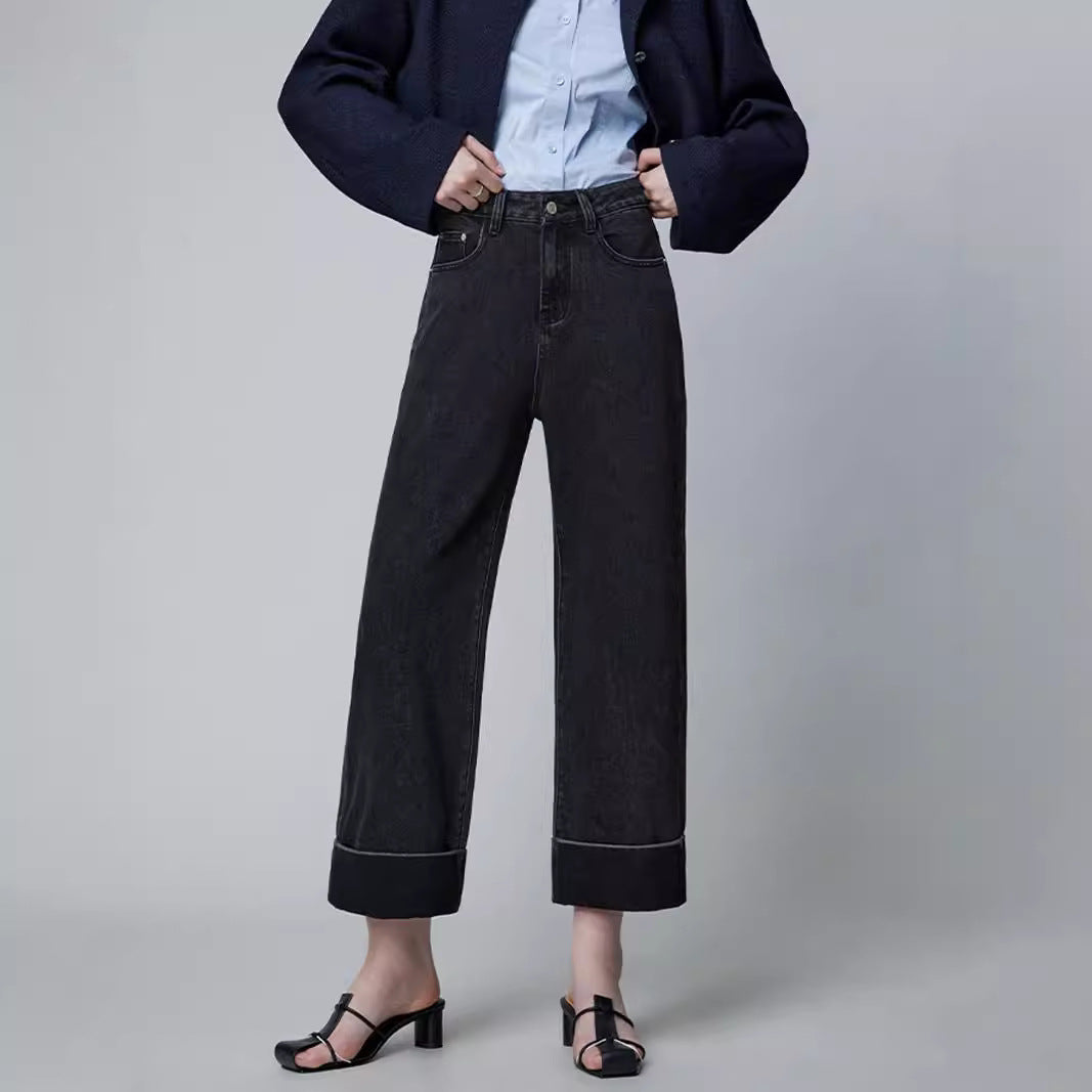 2025 popular new autumn women's nine-point pants, high-waisted retro blue jeans, black denim nine-point pants with flip edges