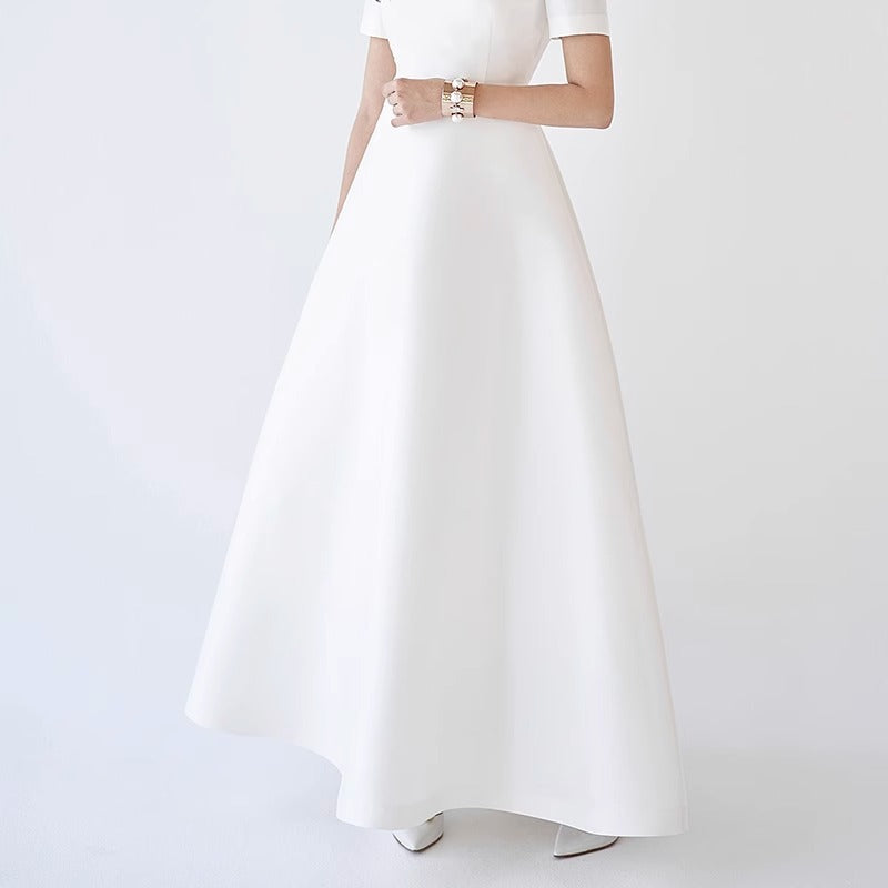 2025 satin minimalist light wedding dress short sleeve zipper crew neck daily certificate outdoor travel photography slim satin dress