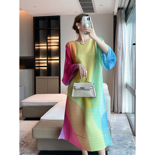 autumn Miyake new fashionable geometric printing pleated dress loose cover flesh and thin temperament long dress women