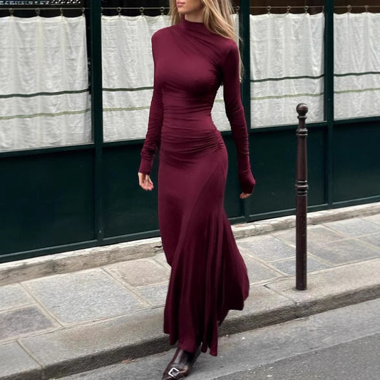 FLOWERSVERSE popular autumn new 2025 women's clothing elegant solid color temperament pleated slim hip wrap long sleeve dress dress