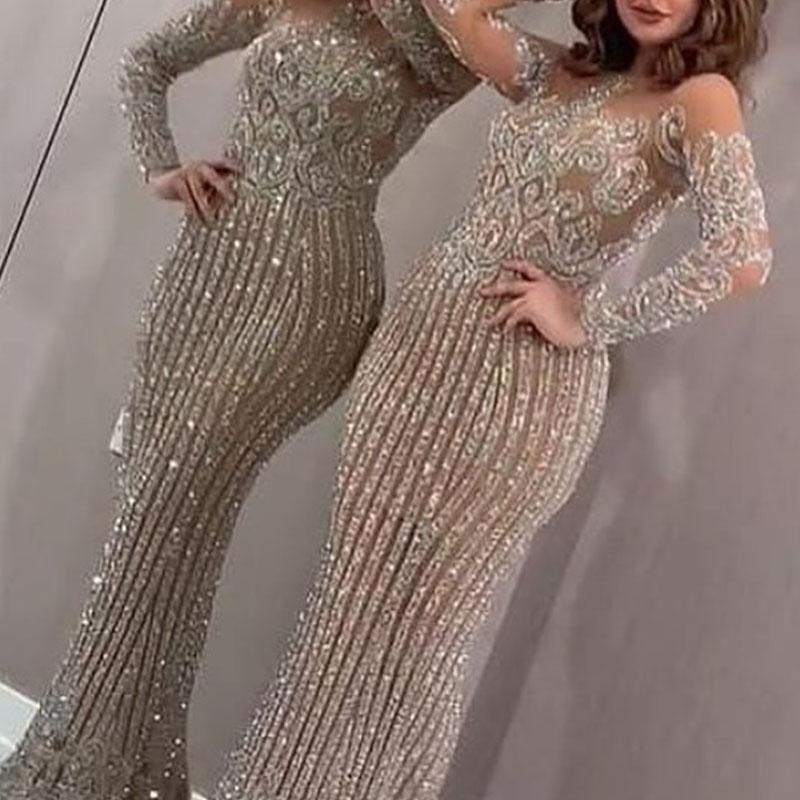 FLOWERSVERSE 2025 New long dress, mid-waist temperament, commuting gold sequins, solid color chest wrap, elastic gold slim dress
