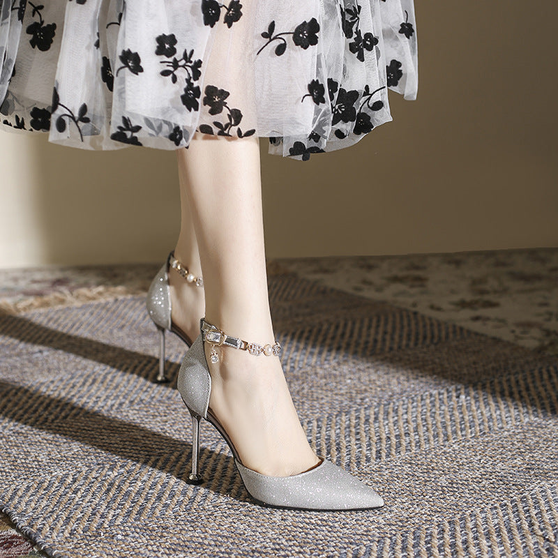 flowersverse Small Size 313233 Closed Toe Sandals Women's Design Sense Niche Temperament Ankle-Strap Stilettos High Heels plus Size 41-43