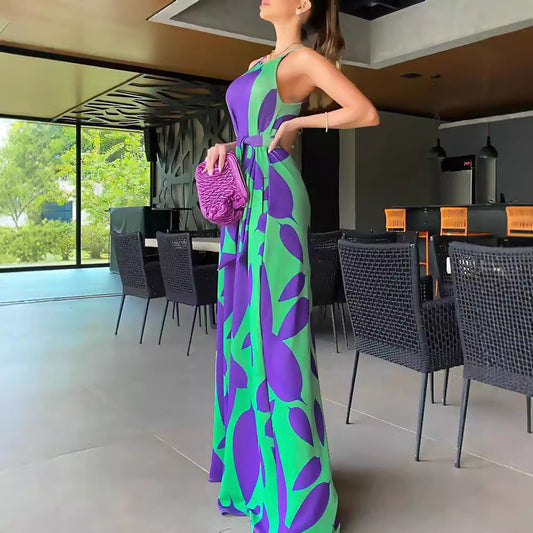 FLOWERSVERSE 2025 Popular trade New spring temperament commuter sleeveless pendulum suspender type printed green high-waisted bag jumpsuit