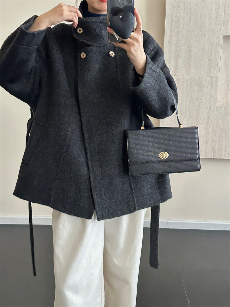 2025 Stand-up collar lace-up shoulder sleeves solid color wool double-sided cashmere coat woolen jacket versatile autumn and winter casual versatile