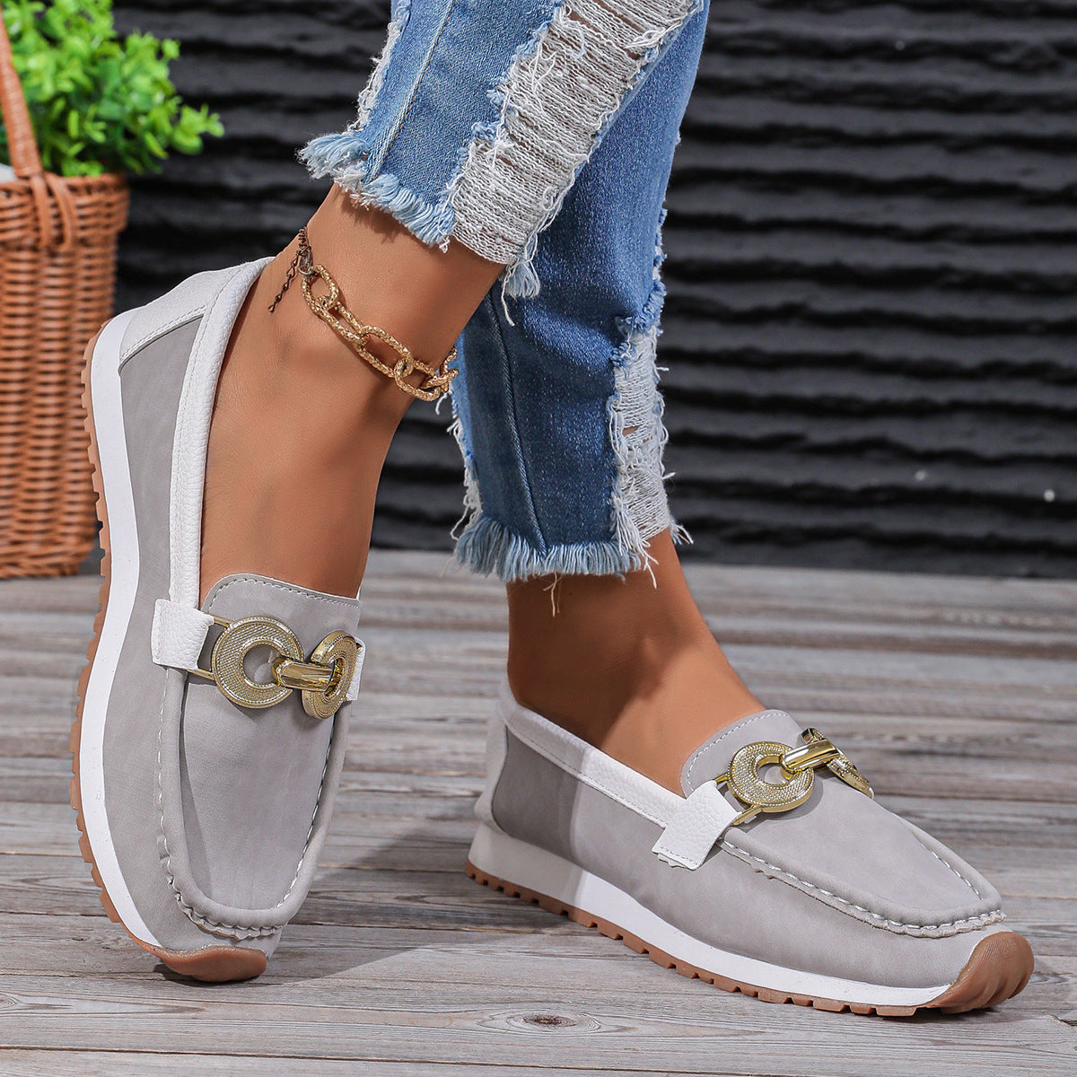 flowersverseCross-Border Foreign Trade plus Size Women's Shoes Summer New Metal Buckle Flat Casual Cloth Surface Pumps Size 43 Independent Station