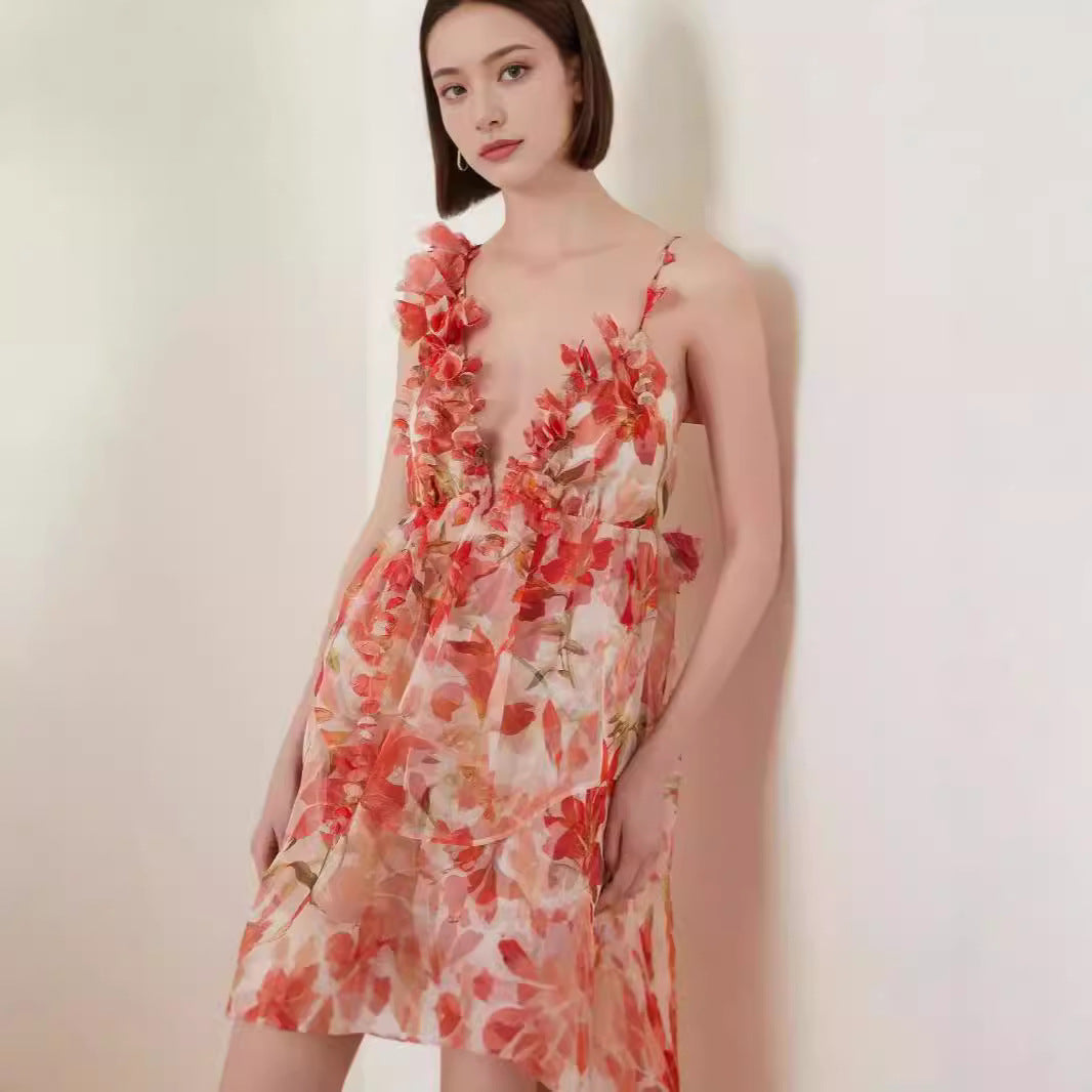FLOWERSVERSE popular new spring and summer off-the-shoulder V-neck women's clothing suspender printing fairy long temperament evening dress big swing dress