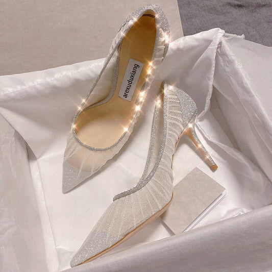 flowersverse Lace Pointed Toe Mesh Stiletto Heel Pumps Women's 2022 Autumn New Fairy Style Sexy High Heels Shallow Mouth Wedding Shoes