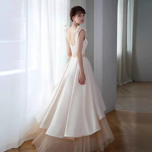 2025 White evening dress new license registration engagement dress banquet host suspender dress spring