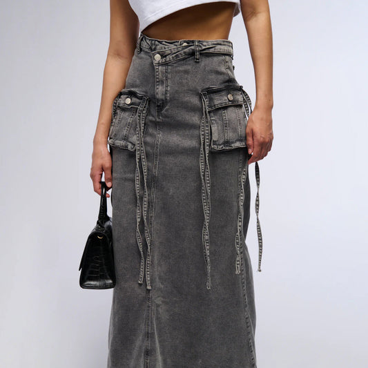 2025n new retro wrong waist design sense niche denim tooling skirt hip wrap cool sa style high waist skirt