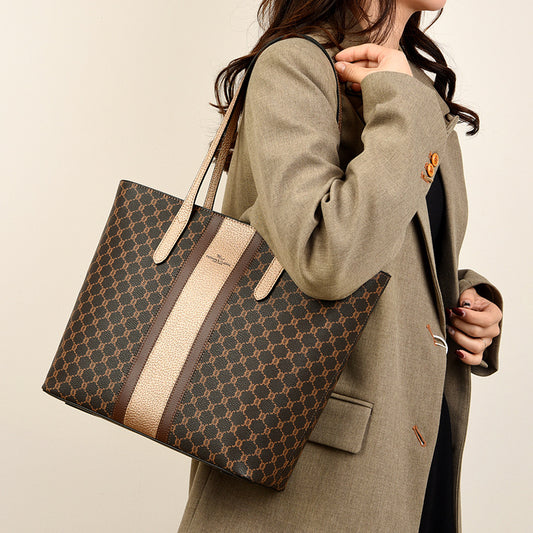 2025 Tote bag retro big bag fashion printing simple shoulder bag large capacity high sense contrasting color women's bag