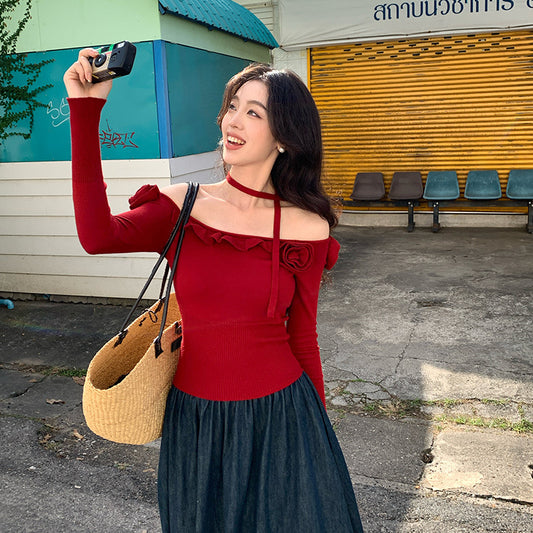 2025 Thirteen Lines Spring New One-Neck Three-dimensional Flower ins Slim-fit Knitted Sweater Sweater 25208