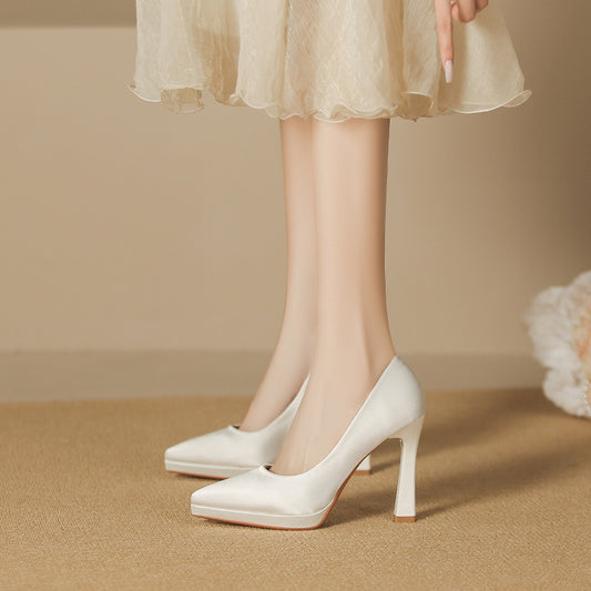 2025 105-3 temperament satin suede high heels are not tired feet pointed thin heels super high heels sexy waterproof table shoes