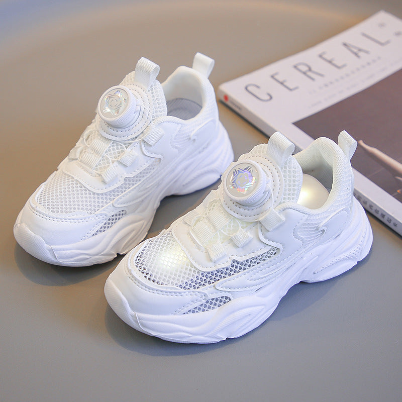 flowersverse Stupid Bear Super Light Boy's Shoes Rotating Buttoned Shoes Spring and Autumn Breathable White Shoes Girls' Mesh Sneaker