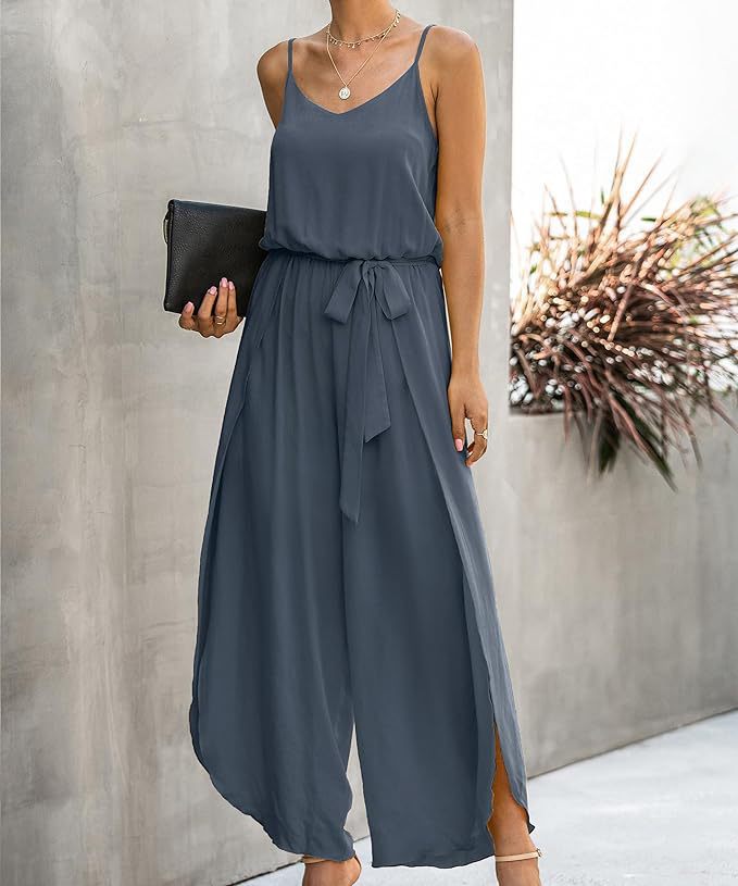 FLOWERSVERSE New Summer Fashion V-neck Strap Wide Leg Side Slit Women's Jumpsuit 600237
