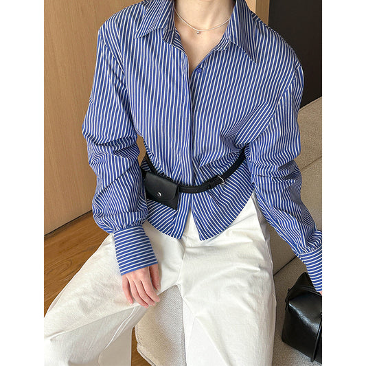 2025 Spring New Korean Version Striped Front Shoulder Lapel Design Sense Casual Versatile Shirt Women's Top 5815