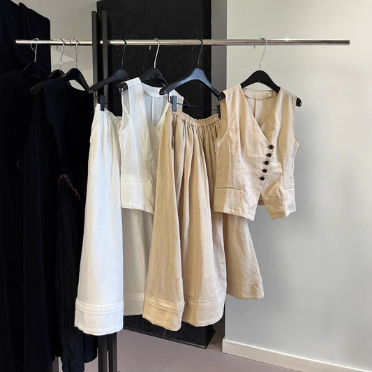 2025 spring and summer designer minimalist old money style suit, linen V-neck vest vest + elastic pendulum skirt