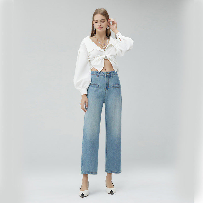 2025 In the autumn of , 2025n pure and elegant minimalist style shows high and thin wide-leg pants, women's high-waisted denim nine-point pants