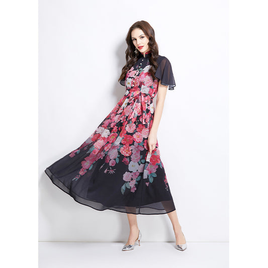 women's clothing holiday style dress women's pearl breasted waist thin temperament printed chiffon dress