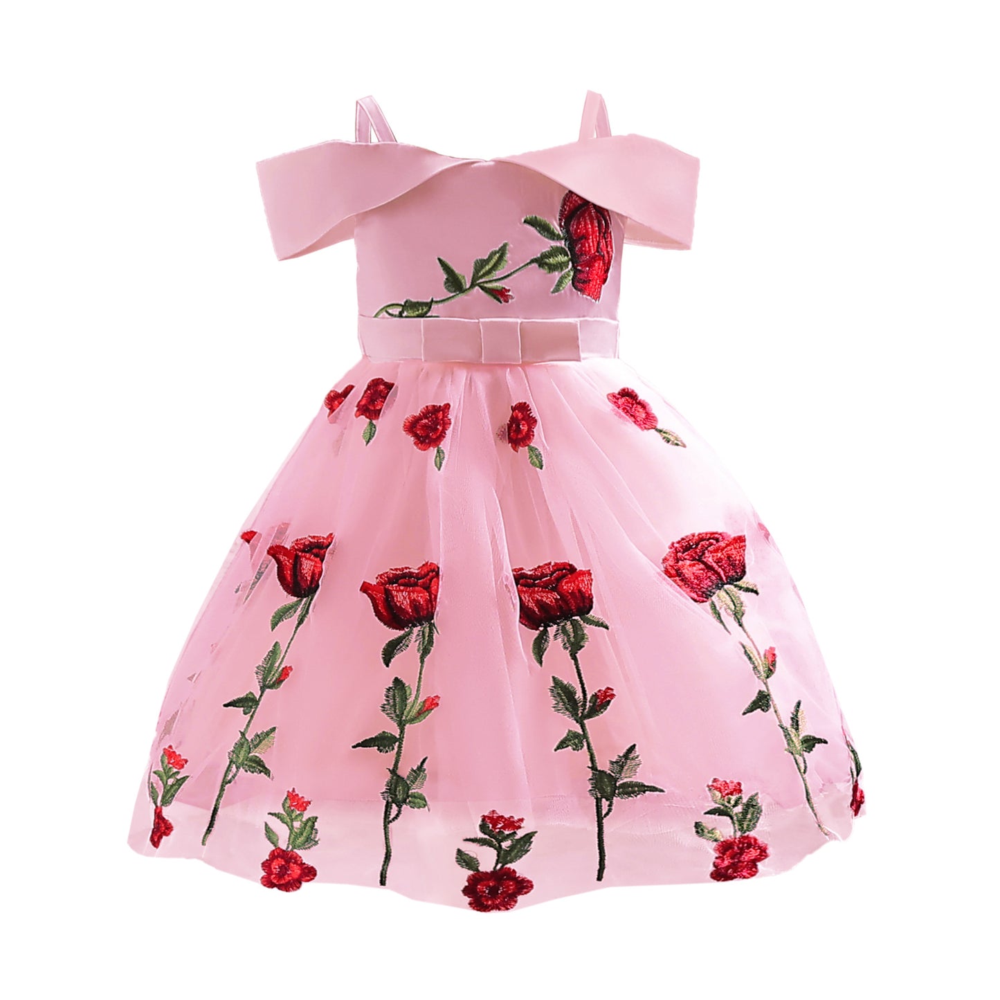 flowersverse Cross-Border Girl Dress European and American Style Children's Clothing Little Girl off Shoulder Princess Dress Children Rose Embroidery Tulle Skirt