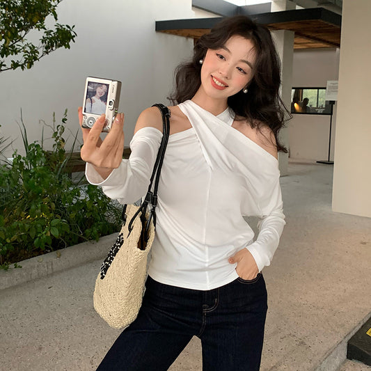 2025 spring new romantic cross-neck long-sleeved shirt women's bottoming shirt 89295