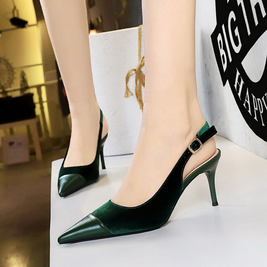 2025 8315-1 High heels women's shoes Shallow mouth west velvet thickened suede splicing pointed end hollow back tripple strap single shoes