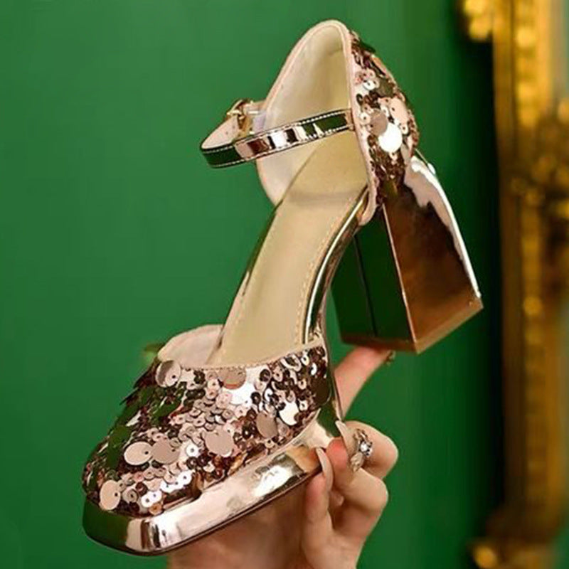 flowersverse Summer New Sequin Fashion Square Toe Sandals Women's Shoes Closed Toe Root Ankle-Strap Buckle with Mid-High Heels