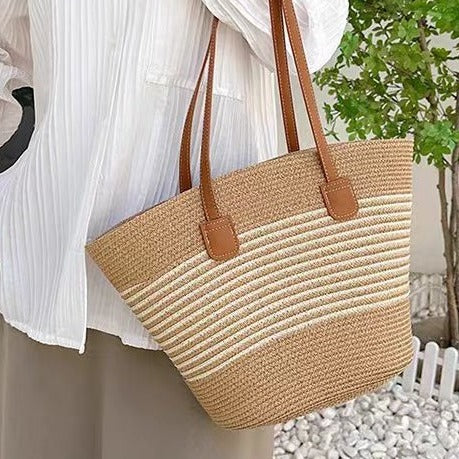 FLOWERSVERSE Straw Bag Women's Summer Seaside Tote Bag Large Capacity Woven Shoulder Bag Rattan Woven Straw Bag Vegetable Basket Bucket Bag Fashion
