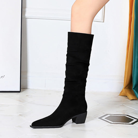 FLOWERSVERSE 2025 009-17 Retro style knight boots Winter fashion women's boots Medium heel thick heel pointed suede wrinkled high boots