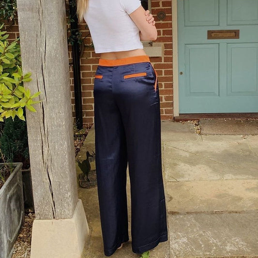 2025 style sexy babes contrasting colors and pendant trousers for women's autumn new fashionable high-waisted hip-lifting loose straight-leg trousers