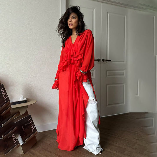 New temperament niche ruffle V-neck irregular mopping chiffon shirt versatile horn sleeve top premium