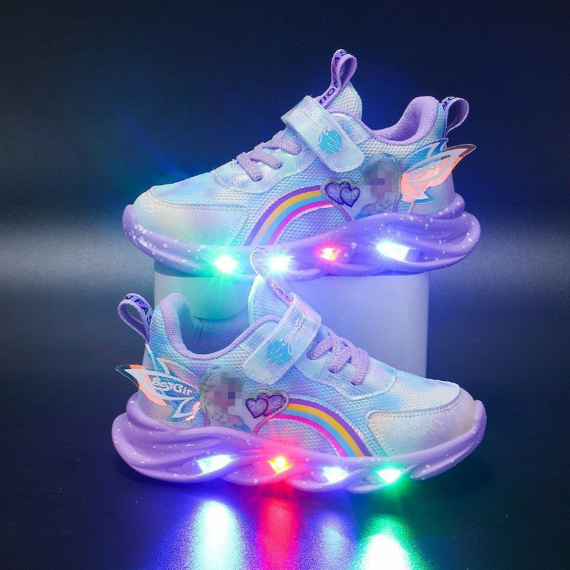 flowersverse Children's Shoes Wholesale with Lights Spring and Autumn New Mesh Breathable Children Sneaker All-Matching Princess Light Shoes
