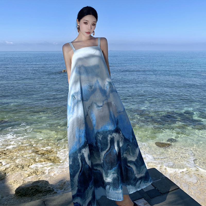 2025 New Chinese retro ink painting smudge suspender dress women's summer Chinese style temperament seaside vacation beach dress