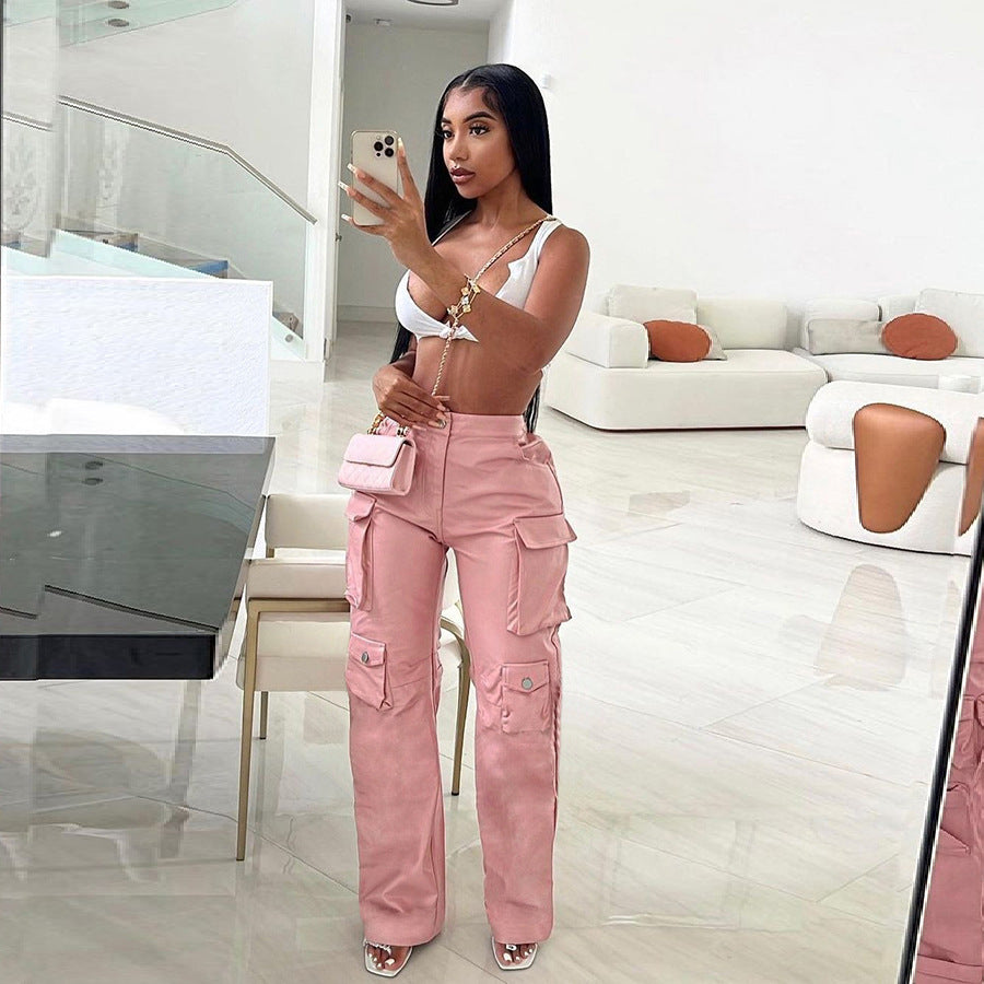 flowersverse HOT and NEW Cross Border Women's Clothing Poly Urethane Leather Pocket High Waist Loose Straight Casual Trousers