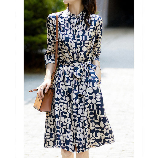 2025 Mulberry silk floral shirt dress summer new women's clothing satin printed silk skirt medium and long