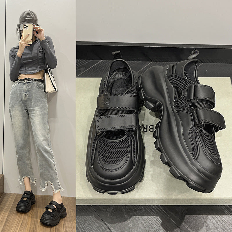 2025 Velcro leather thick-soled dad shoes women's breathable mesh hollow mesh shoes sandals student leisure sports little white shoes